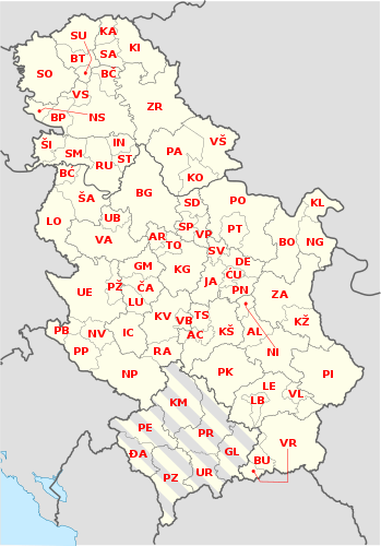 Автомобильные регионы Сербии на карте. С серыми полосами — территория Косово